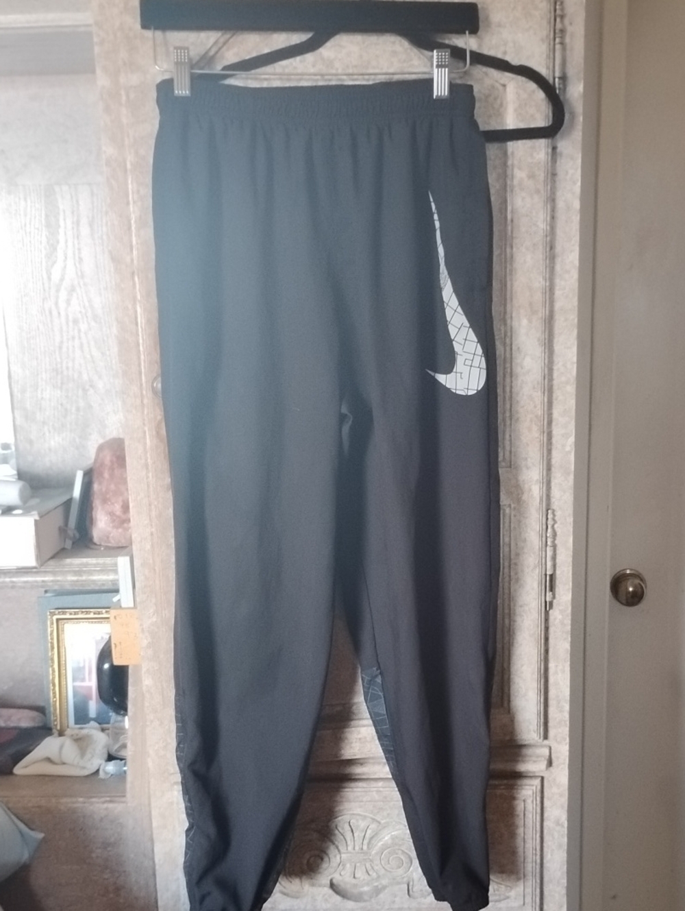 Men's Large Black Athletic Track Pants with Reflective Swoosh